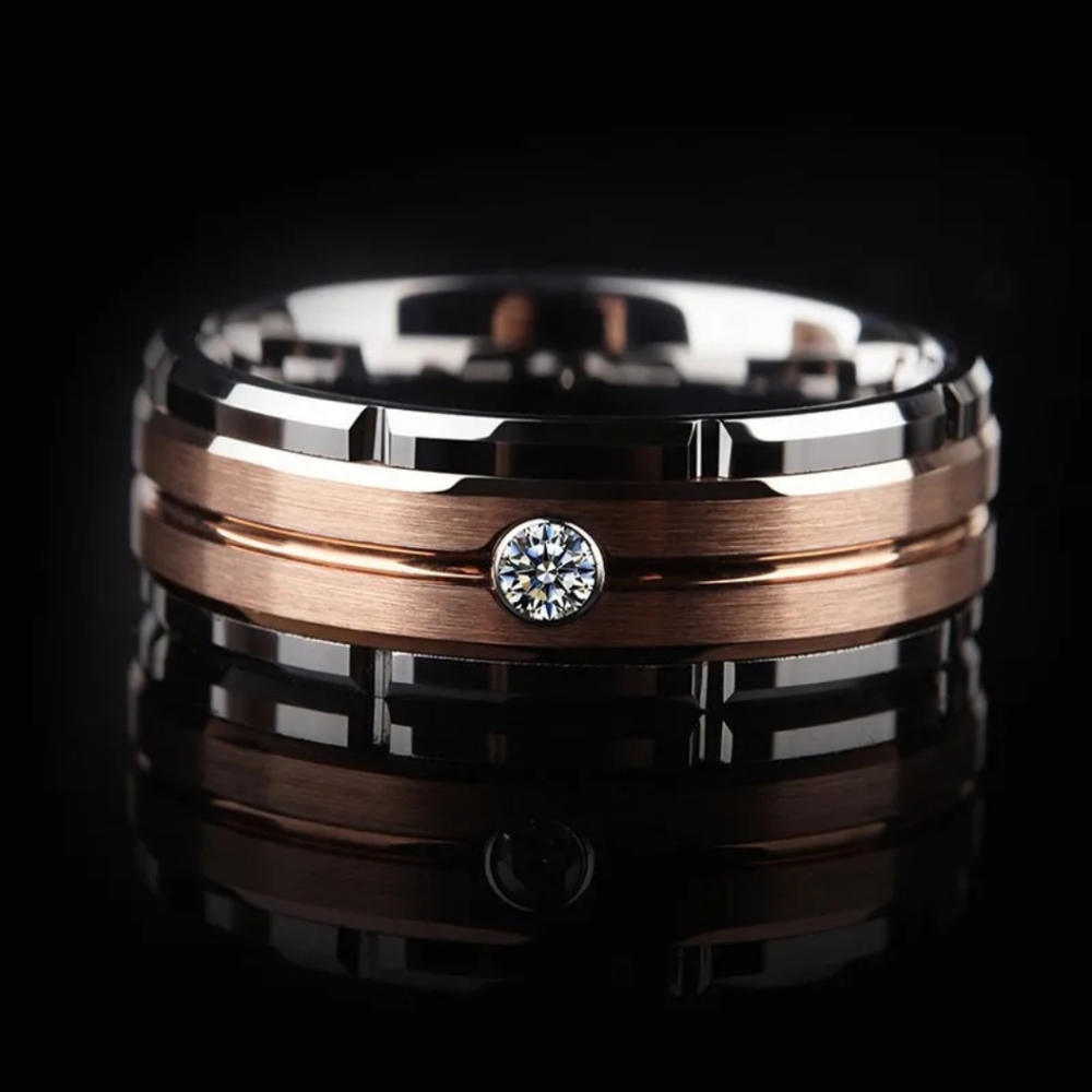 Men's Tungsten Wedding Band, Cubic Zirconia Diamond Solitaire Wedding Band Ring. - Picture 2 of 6